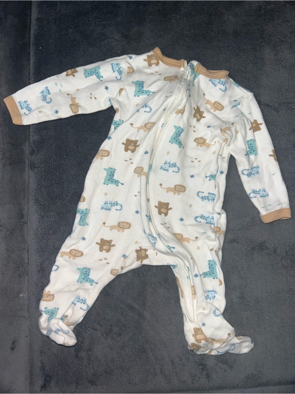 Baby Footed Zipper Sleeper - White with Blue & Tan Animal Print